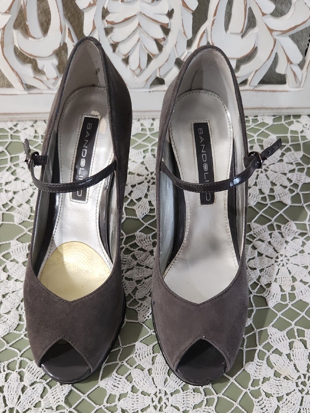 Bandolino Gray Suede Peep-Toe Mary Jane Heels